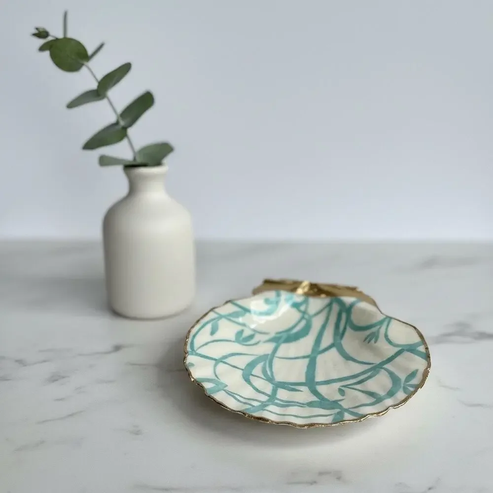 Blue Vine Shell Ring Dish, Handmade Scallop Trinket Dish, Coastal Boho Decor